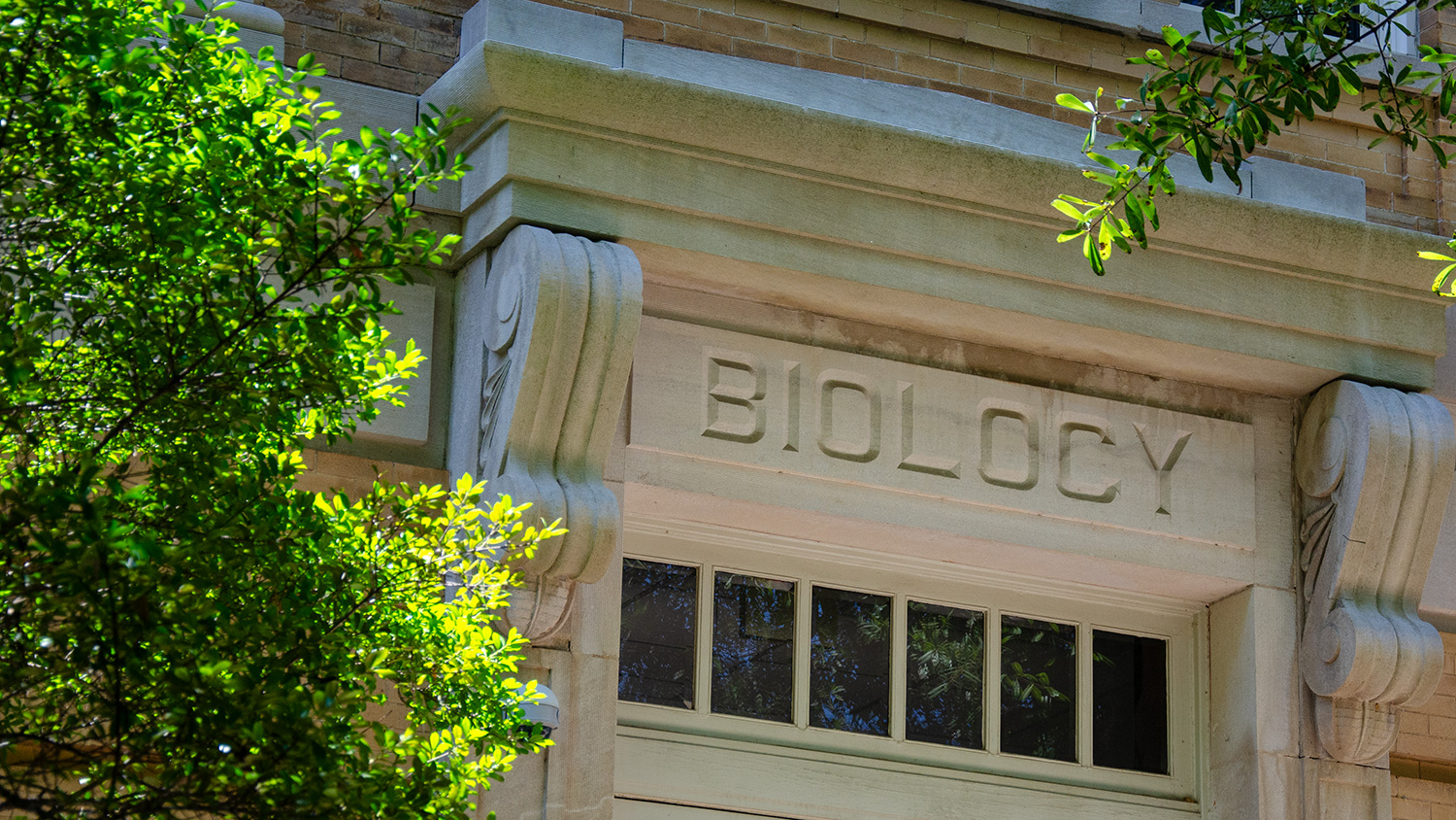 Smith Hall exterior sign that reads "Biology"